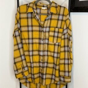 Women’s Yellow Plaid Button-Up Shirt W/ Frayed Collar